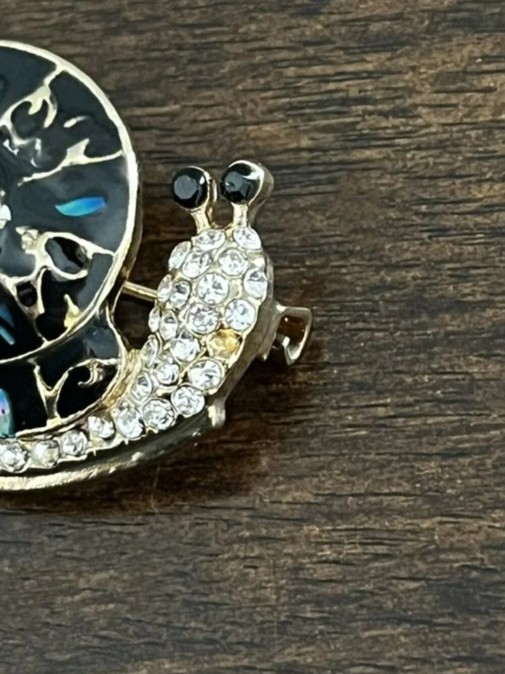Snail Brooch Enameled Rhinestone Black Blue Gold Tone